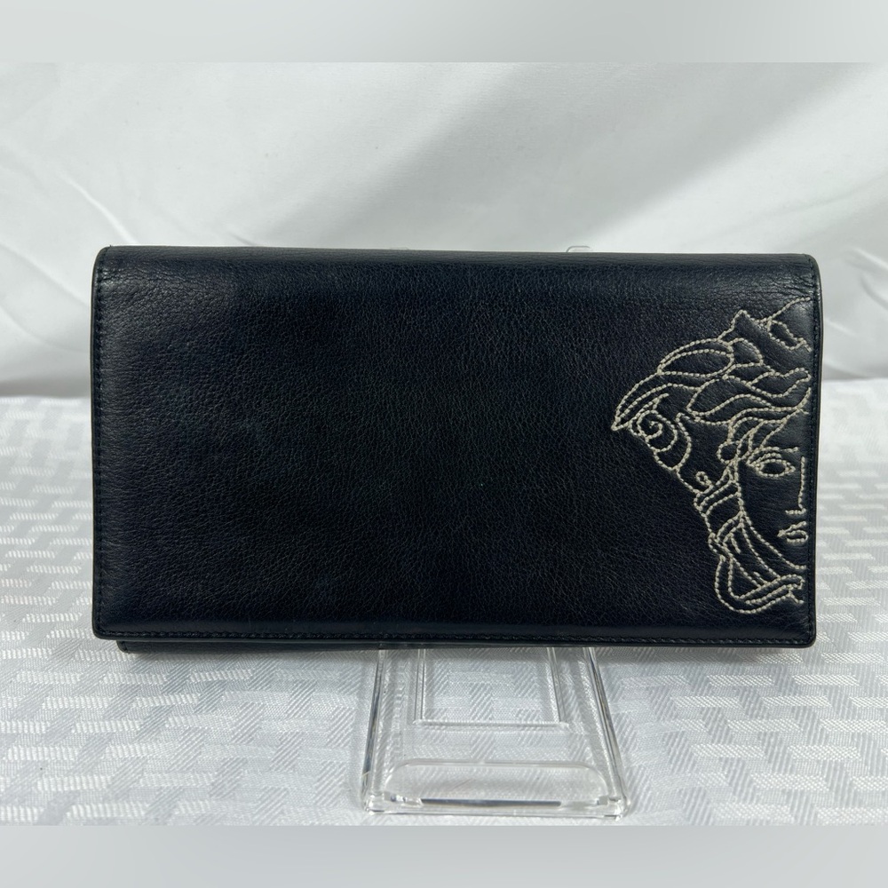 1031: Vintage Gianni Versace Black Leather Medusa Long Wallet